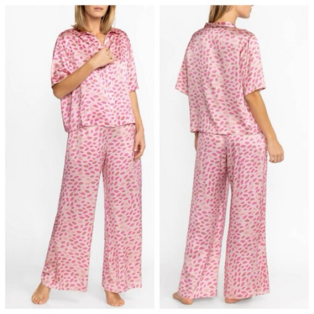 Johnny Was Brooklyn Silk Pink Kiss Print Pajama Set LG